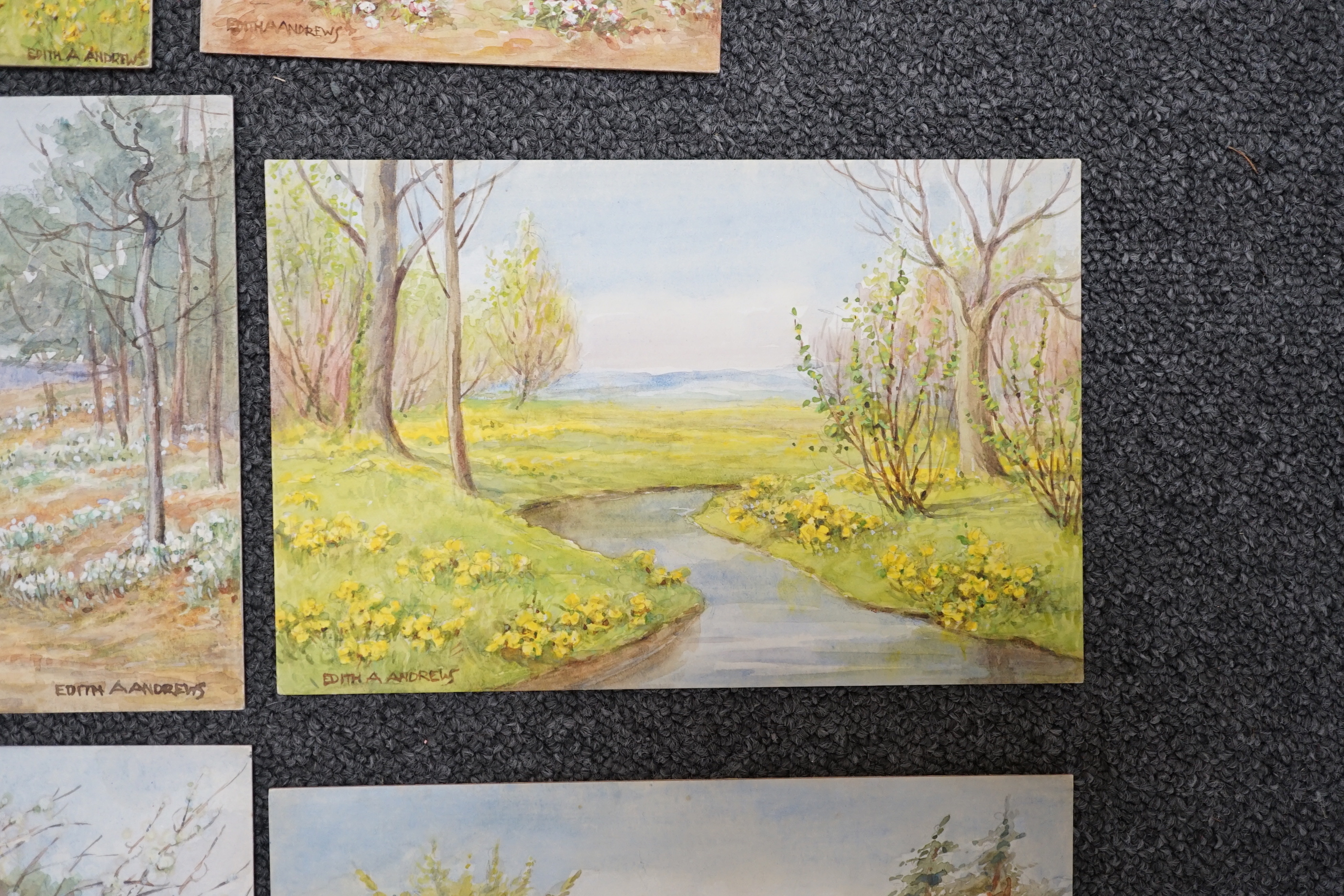 Edith Alice Andrews (Exh. 1900-1940), six watercolour designs for postcards, Country Scenes, signed, largest 16 x 22cm, unframed